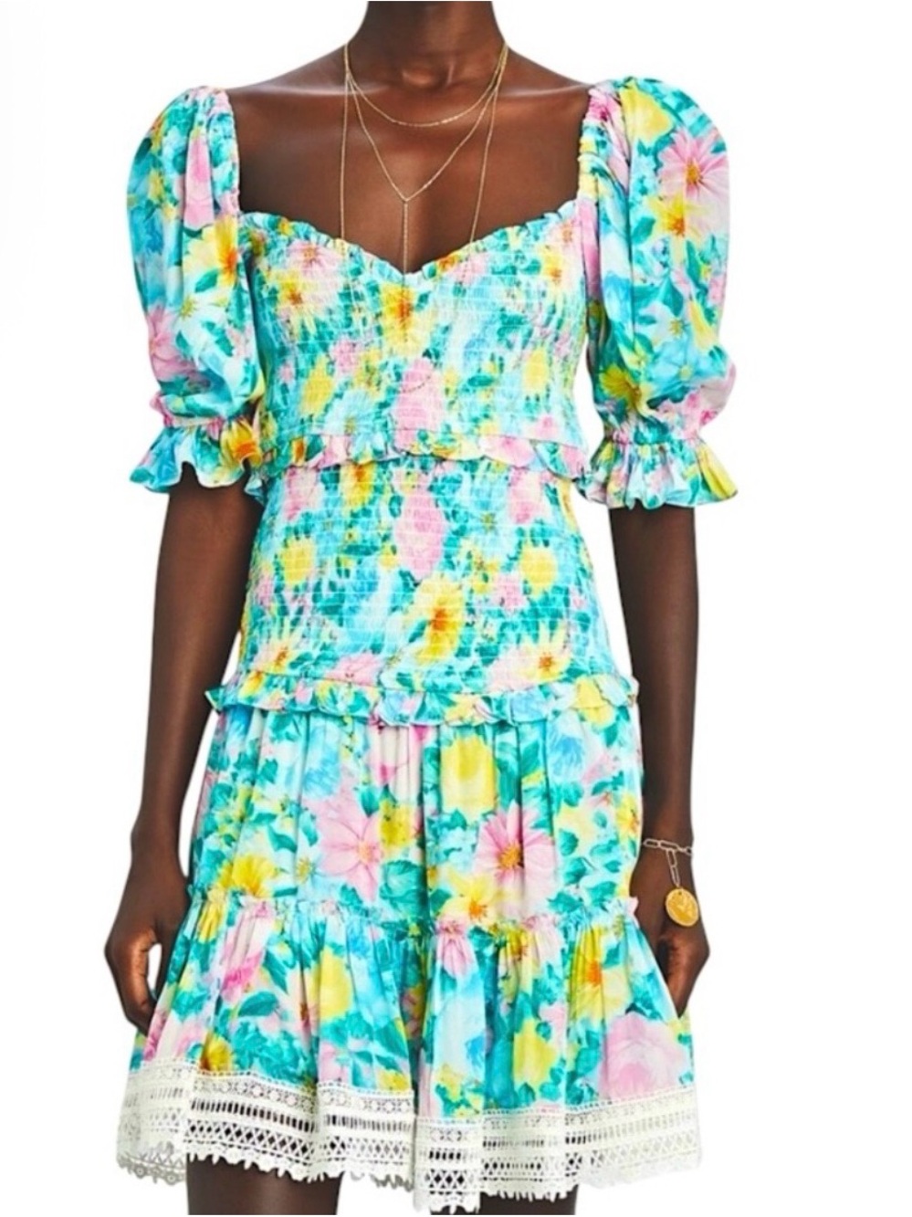 HEMANT & NANDITA Aqua Floral Puff-Sleeve Mini Dress
